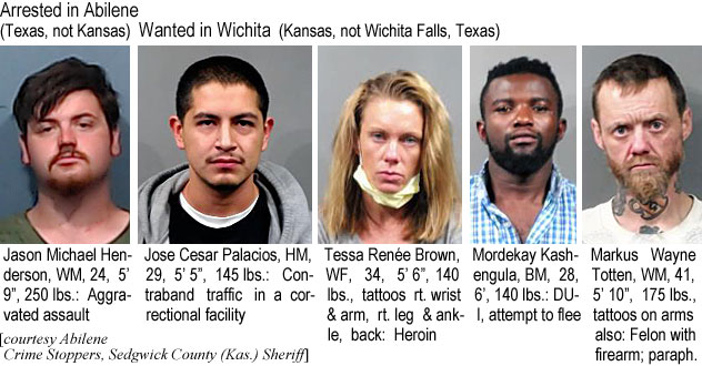 tessaren.jpg Arrested in Abilene (Texas, not Kansas): Jason Michael Henderson, WM, 24, 5'9", 250 lbs, aggravated assault; Wanted in Wichita (Kansas, not Wichita Falls, Texas): Jose Cesar Palacios, HM, 29, 5'5", 145 lbs, contraband traffic in a correctional facility; Tessa Renée Brown, WF, 34, 5'6", 140 lbs, tattoos rt. wrist & arm, rt. leg & ankle, back, heroin; Mordekay Kashengula, BM, 28, 6', 140 lbs, DUI, attempt to flee; Markus Wayne Totten, WM, 41, 5'10", 175 lbs, tattoos on arms also, felon with firearm, paraph. (Abilene Crime Stoppers, Sedgwick County Kas. Sheriff)
