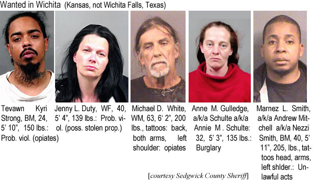 tevawndu.jpg Wanted in Wichita (Kansas, not Wichita Falls,Teas): Tevawn Kyri Strong, BM, 24 5'10", 150 lbs, prob. viol. (opiates); Jenny L. Duty, WF, 40, 5'4", 139 lbs, prob. viol. (poss. stolen prop.); Michael D. White, WM, 63, 6'2", 200 lbs, tattoos: back both arms left shoulder: opiates; Anne M. Gulledge, a/k/a Schulte, 32, 5'3", 35 lbs, burglary; Mamez L. Smith, a/k/a Andrew Mitchell, a/k/a Nezzi Smith, BM, 40, 5'11" 205 lbs, tattoos head, arms, left shlder.: Unlawful acts