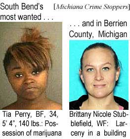 South Bend's most wanted: Tia Perry, BF, 34, 5'4", 140 lbs: Possession of marijuana, . . . and in Berrien County, Michigan: Brittany Nicole Stubblefield, WF, larceny in a building (Michiana Crime Stoppers)
