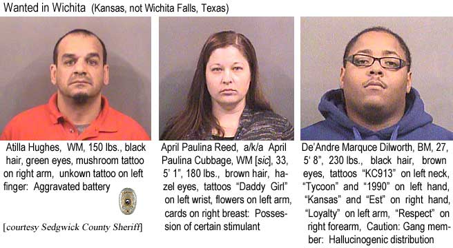 tilapril.jpg Wanted in Wichita (Kansas, not Wichita Falls, Tesas): Atilla Hughes, WM, 150 lbs, black hair, green eyes, mushroom tattoo on right arm, unknown tattoo on left finger, aggravated battery; April Paulina Reed a/k/a April Paulina Cubbage, WM[sic], 33, 5'1", 180 lbs, brown hair, hazel eyes, tattoos "Daddy Girl" on left wrist, flowers on left arm, cards on right breast, possession of certain stimulant; De'Andre Marquce Dilworth, BM, 27, 5'8", 230 lbs, black hair, brown eyes, tattoos "KC913" on left neck, "Tycoon" and "1990" on left hand, "Kansas" and "Est" on right hand, "Loyalty" on left arm, "Respect" on right forearm, caution: gang member, Hallucinogenic distribution (Sedgwick County Sheriff)