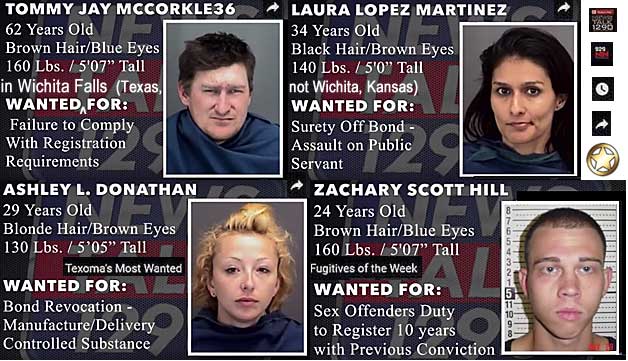 tommylau.jpg Wanted in Wichita Falls (Texas, not Wichita, Kansas): Tommy Jay McCorkle36, 62, 160 lbs, 5'7", failure to compley with registration requirements; Laura Lopez Martinez, 34, 140 lbs, 5'0", surety off bond, assault on public servant; Ashley L. Donathan, 29, 130 lbs, 5'5", bond revocation, manufacture/delivery controlled substance; Zachary Scott Hill, 24, 160 lbs, 5'7", sex offenders duty to register 10 years with previous conviction, Texoma's most wanted fugitives of the week