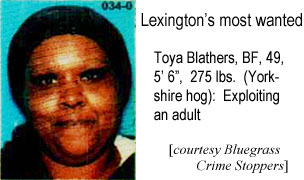toyablat.jpg Lexington's most wanted, Toya Blathers,BF, 49, 5'6", 275 lbs (Yorkshire hog)), exploiting an adult (Bluegrass Crime Stoppers)