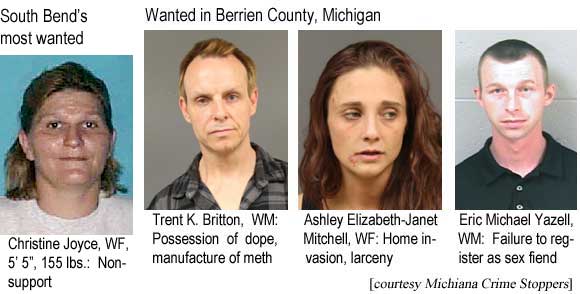 trentash.jpg South bend's most wanted: Christine Joyce, WF, 5'5", 155 lbs, nonsupport; Wanted in Berrien County, Michigan: Trent K. Britton, WM, Possession of dope, manufacture of meth; Ashley Elizabeth-Janet Mitchell, WF, home invasion, larceny; Erick Michael Yazell, WM, failure to register as sex fiend (Michiana Crime Stoppers)
