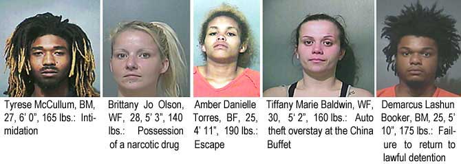 tyresede.jpg Terre Haute's most wanted: Tyrese McCullum, BM, 27, 6'0", 165 lbs, intimidation; Brittany Jo Olson, WF, 28, 5'3", 140 lbs, possession of a narcotic drug; Amber Danielle Torrres, BF, 25, 4'11", 190 lbs, escape; Tiffany Marie Baldwin, WF, 30, 5'2", 160 lbs, auto theft overstay at the China Buffet; Demarcus Lashun Booker, BM, 25, 5'10", 175 lbs, failure to return to lawful detention
