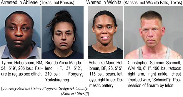 tyronhab.jpg Arrested in Abilene (Texas, not Kansas): Tyrone Habersham, BM, 54, 5'9", 205 lbs, failure to reg. as sex offndr.; Brenda Alicia Magdaleno, HF, 37, 5'2", 210 lbs, forgery, Yorkshire hog; Wanted in Wichita (Kansas, not Wichita Falls, Texas): Ashanike Marie Holloman, BF, 28, 5'5", 115 lbs, scars, left eye, right knee, domestic battery; Christopher Sammie Schmidt, WM, 40, 6'1", 190 lbs, tattoos right arm, right ankle, chest (barbed wire, "Schmidt"), possession of firearm by felon (Abilene Crime Stoppers, Sedgwick County, Kansas, Sheriff)