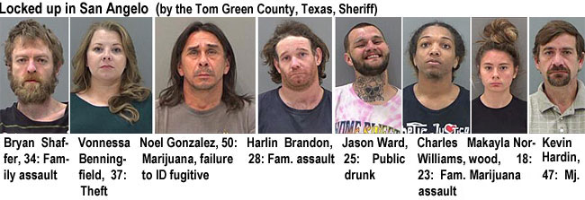 vonnessa.jpg Bryan Shaffer, 34, family assault; Vonnessa Benningfield, 37, theft; Noel Gonzalez, 50, marijuana, failure to ID fugitive; Harlin Brandon, 28i, fam. assault; Jason Ward, 25, public drunk; Charles Williams, 23, fam. assault; Makayla Norwood, 18, marijuana; Kevin Hardin, 47, mj