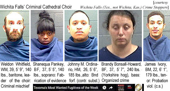 weldonwh.jpg Wichita Falls' Criminal Cathedral Choir (Wichita Falls, Tex., not Wichita, Kas.): Weldon Whitfield, WM, 39, 5'9", 140 lbs, baritone, leader of the choir, criminal mischief; Shanequa Pankey, BF, 37, 5'5", 140 lbs, soprano, fabrication of evidence; Johnny M. Ordinario, HM, 26, 5'6", 185 lbs, alto, Bnd forf. (contr. subst.); Brandy Bosnall-Howard, WF, 37, 5'7", 240 lbs (Yorkshire hog), bass, organized crime; James Ivory, BM, 22, 6'1", 179 lbs, tenor, probation viol. (c.s.)