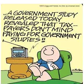 Ziggy hears on radio, "A government study released today revealed that taxpayers don't mind paying for government studies!"
