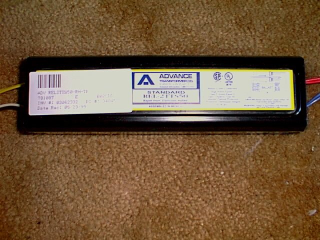 Picture of the Advance ballast used to power 2 55 watt power compact lights.