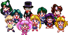 Adopted Sailor Moon, Mercury, Mars, Jupiter, Venus, Chibi
Moon, Uranus, Neptune, Pluto, and Tuxedo Mask