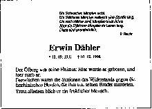 Todesanzeige von Erwin Daehler, geb. 13.9.1911, gest. 10.12.1998