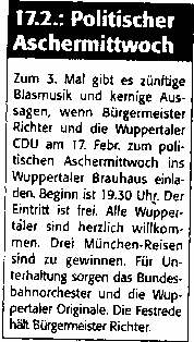 Zeitungsartikel: Richter - politischer Aschermittwoch der Wuppertaler CDU am 17.2.1999