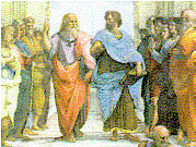 Plato is on the Right, holding one of his cosmological works and is pointing to the heavens; Aristotle is on the Left, holding the Ethics and is holding his hand over the ground!