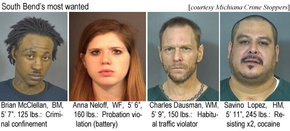 annanelo.jpg South Bend's most wanted (Michiana Crime Stoppers): Brian McClellan, BM, 5'7", 125 lbs, criminal confinement; Anna Neloff, WF, 5'6", 160 lbs, probation violation (battery); Charles Dausman, WM, 5'9", 150 lbs, habitual traffic violator; Savino Lopez, HM, 5'11" 245 lbs, resisting x2, cocaine