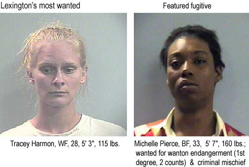 Lexington's most wanted: Tracey Harmon, WF, 28, 5'3", 115 lbs; Featured fugitive, Michelle Pierce, BF, 33, 5'7", 160 lbs, wanted for wanton endangerment (1st degree, 2 counts) & criminal mischief