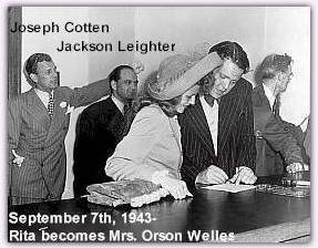A wedding picture from Rita and Orson's marriage. Witness Jackson Leighter is at left and best man Joseph Cotten is at far left