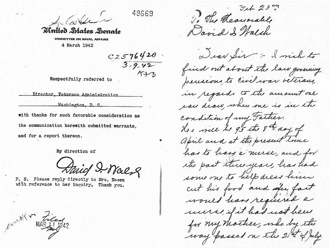 Letter to United States Senator David I. Walsh from Mrs. Mabel E. Nason for an Increase to Gilbert Lucier's Pension, Page 1 of 2.