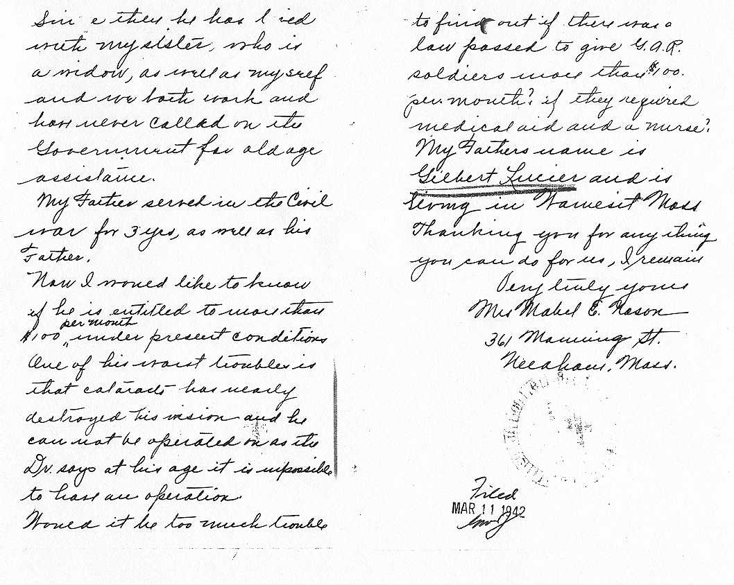 Letter to United States Senator David I. Walsh from Mrs. Mabel E. Nason for an Increase to Gilbert Lucier's Pension, Page 2 of 2.