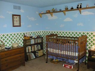 crib, bookshelf and dresser