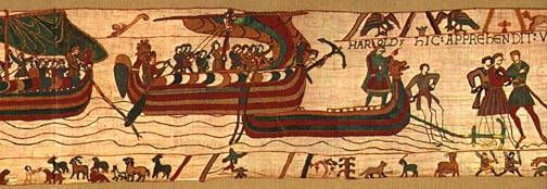 Bayeux Tapestry, panel 4: Winds blow Harold ahore near St. Valery