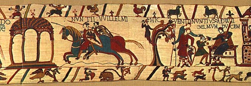 Bayeux Tapestry, panel 8: Flashback - the Lord of Normandy learns of Harold's capture by Count Guy