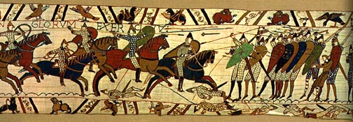 Bayeux Tapestry, panel 40: Britons, Normans, and mercenaries pound Harold's troops