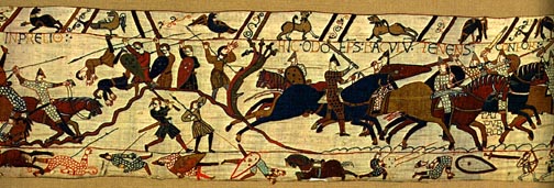 Bayeux Tapestry, panel 44: Bishop Odo urges the men onward
