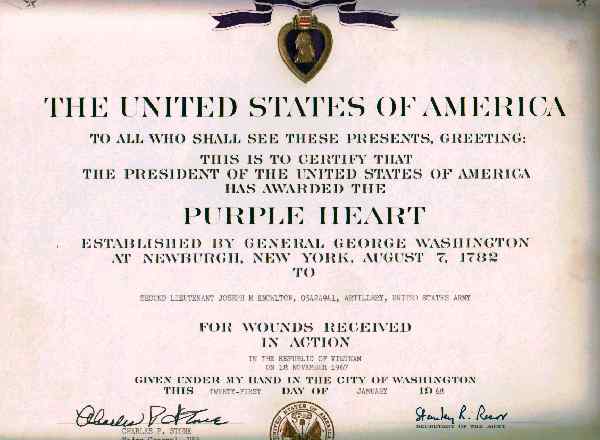 Purple Heart Award Certificate