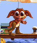 a big-eared Norn with brown legs and orange arms and legs standing under a beach umbrella grinning