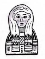 Black and white drawing showing the frontal view of a mummy mask.  These would be brightly painted and often gilded,