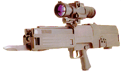 The HK G-11 with an aftermarket optical scope and fixed bayonet